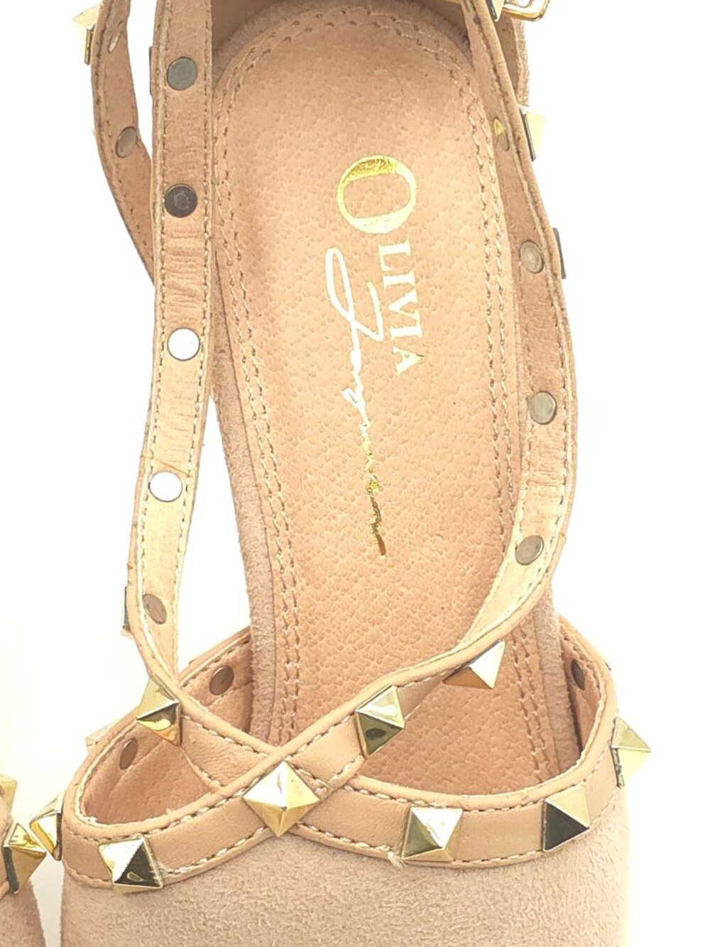 Olivia Ferguson Nude Suede Peep-Toe Studded Strappy Sandals Ankle Strap Women's - Picture 2 of 14